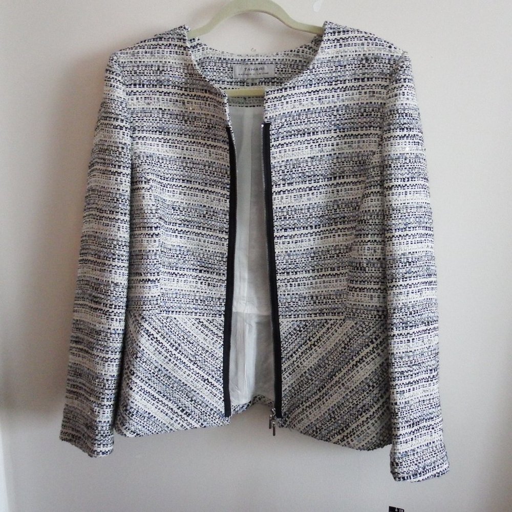 NWT Tahari ASL Womens Blue Multi Colored Tweed Peplum Jacket 16
